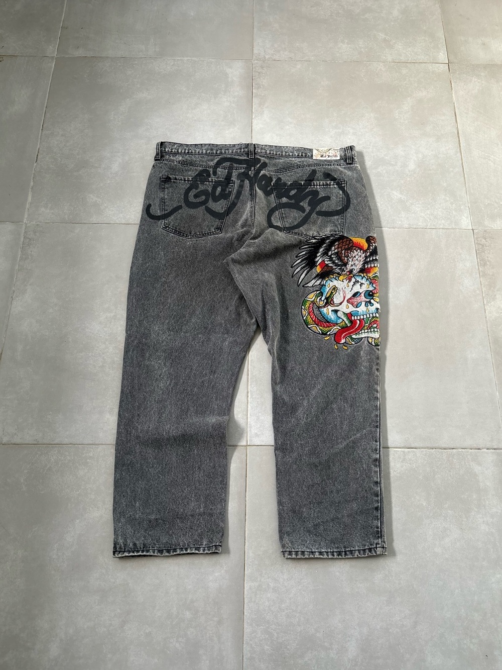 Ed Hardy Gray Denim Jeans with Colorful Tattoo Graphic